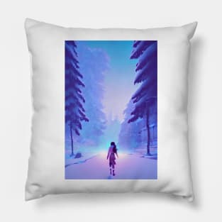 Anime Girl Snowy Forest Christmas Landscape Pillow