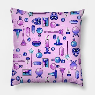 Witchy Pink Purple Pixel Art Crystal Potion Pattern Pillow