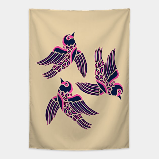 BIRDS FLYING HIGHER Cute Aspirational Hopeful Birds Nature Wildlife in Fuchsia Pink Cream Dark Blue - UnBlink Studio by Jackie Tahara Tapestry by UnBlink Studio by Jackie Tahara