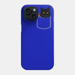 Cute black cat looks out of pocket and shows paw Phone Case