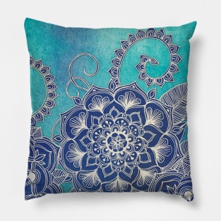 Mermaid's Garden - Navy & Teal Floral on Watercolor Pillow