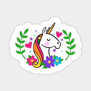 Colorful Rainbow Unicorn with Flowers Magnet