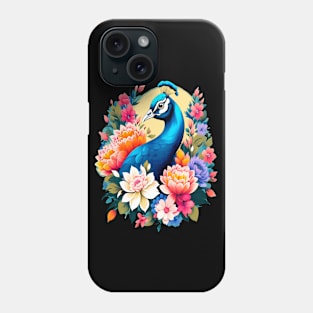 A Cute Peacock Surrounded by Bold Vibrant Spring Flowers Phone Case