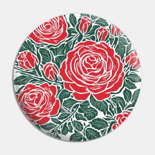 Woodblock Print Red Roses Pattern Pin