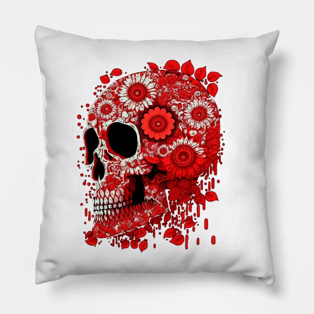 Red Flowers Skull Pillow by T-signs