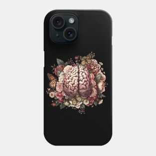 Brain with flowers, psychology, mental health, front brain, vintage grunge distressed effect Phone Case