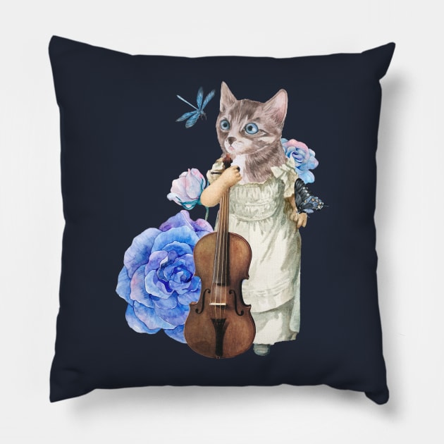 Vintage cat violin Pillow by Mako Design 