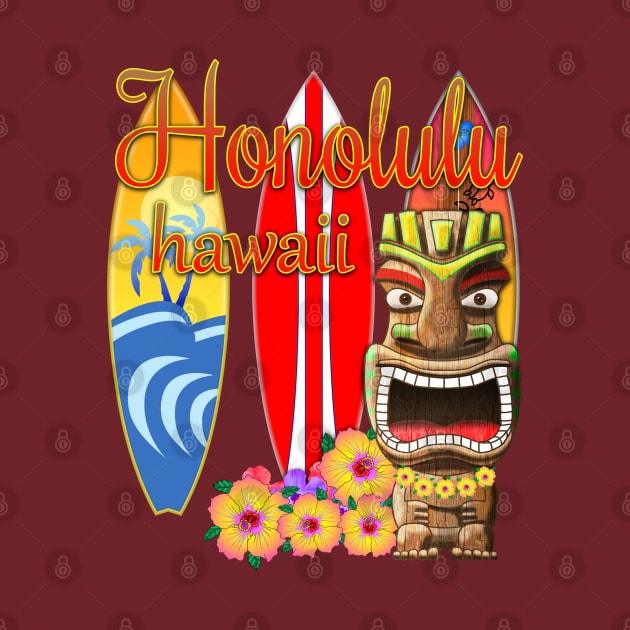 Funny Tiki Honolulu Hawaii Surfing by macdonaldcreativestudios