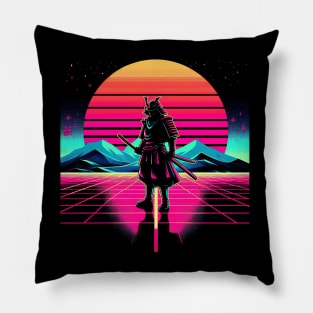 Neon Samurai: Retro Sunset Pillow