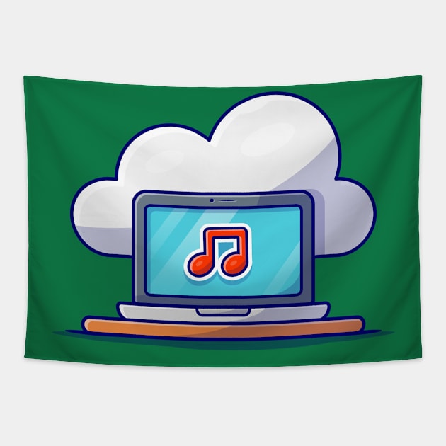 Cloud Music Icon with Laptop and Note of Music Cartoon Vector Icon Illustration Tapestry by Catalyst Labs