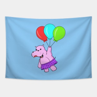 Cute Cartoon Hippo Flying With Balloons Tapestry