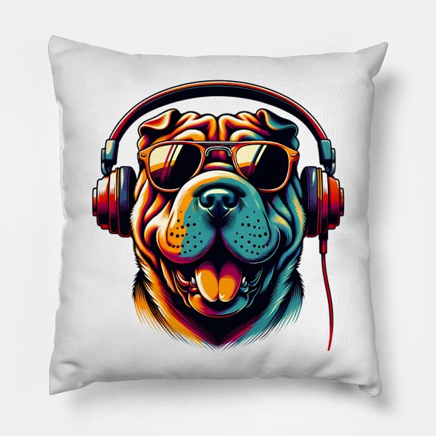 Grinning Chinese Shar-Pei as a Stylish Smiling DJ Pillow by ArtRUs