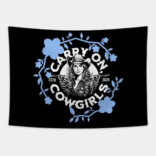 Carry On Cowgirls (blue flowers, circular text) Tapestry