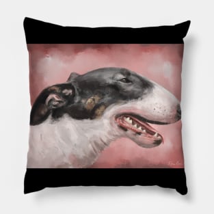 A Painting of a Black and White Bull Terrier on Pink Background Pillow