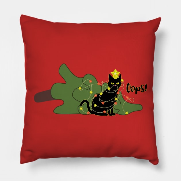 Black cat dropped Christmas tree Pillow by AnnArtshock