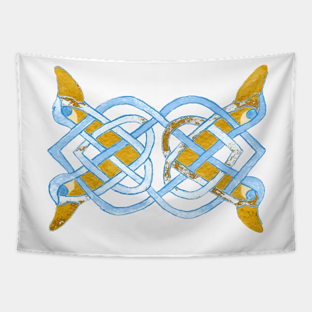 Celtic yellow duck tracery Tapestry by Zamen