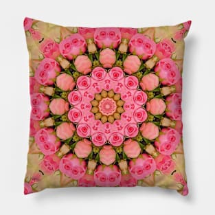 Water Color-Like Mandala Kaleidoscope in Pink, Green, and Yellow Pillow