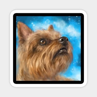 Painting of a Brown Yorkshire Terrier Looking Up With a Cute Facial Expression on Blue Background Magnet