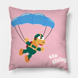 cartoon illustration of skydiving with litlle dinosaur Pillow