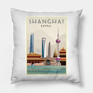 Shanghai, China - Vintage Travel Poster Pillow