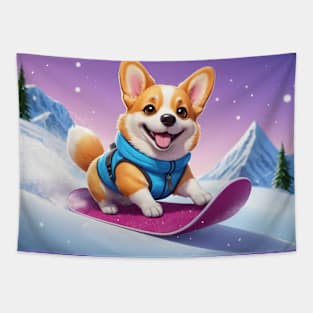 Corgi on Snowboard Tapestry