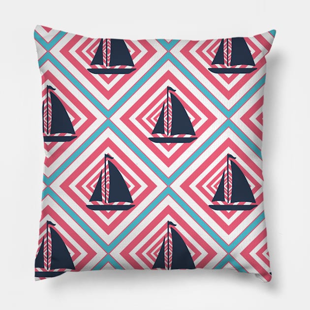 Sailboat On Bold Diamonds Pattern Pillow by SharksOnShore