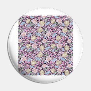 Chrysanthemums with pink magnolia and blue fans on purple background Pin