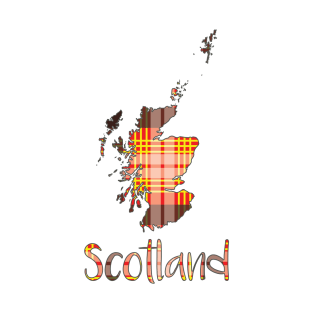 Scotland Red, Yellow, Black and White Tartan Map Typography Design T-Shirt