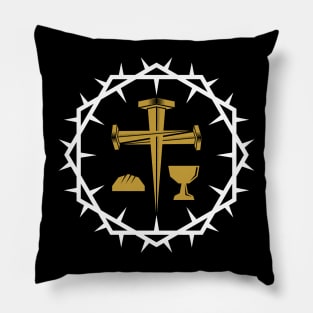 A cross made of nails, symbols of Holy Communion framed by a crown of thorns. Pillow