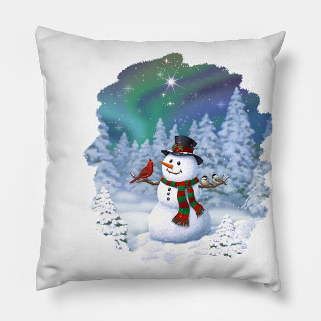 Happy Christmas Snowman Cute Birds Winter Wonderland Pillow by csforest