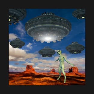 Alien UFO Cruising Over Desert - Alien Being Watching T-Shirt