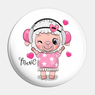 Cute little lamb in a pink dress and headphones. Pin