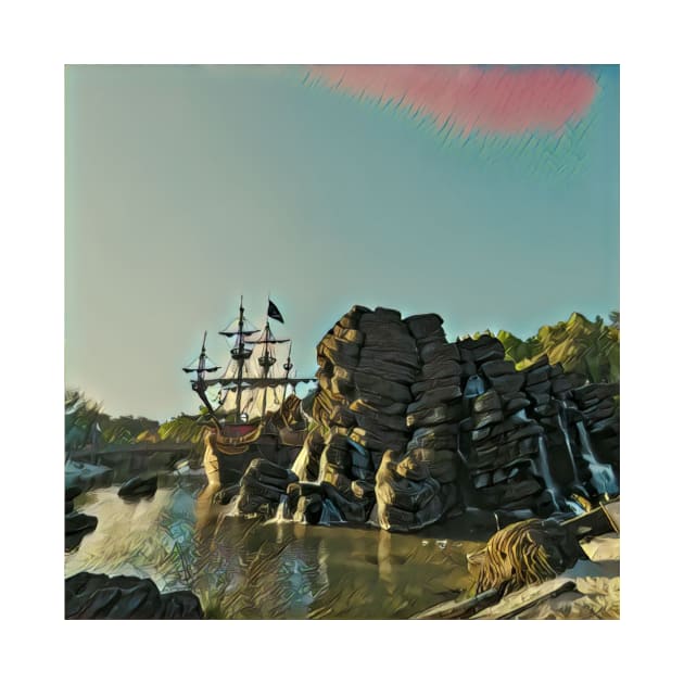skull rock and pirate ship by kiwimick