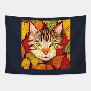 Tabby Kitten in Fall Leaves Tapestry