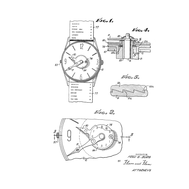 Push Button Time Zone Watch Vintage Patent Hand Drawing by TheYoungDesigns