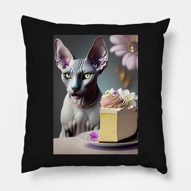 Sphynx enjoying a cake Pillow by Enchanted Reverie