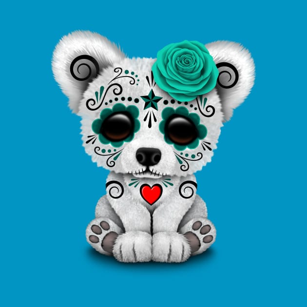 Teal Blue Day of the Dead Sugar Skull Polar Bear by jeffbartels