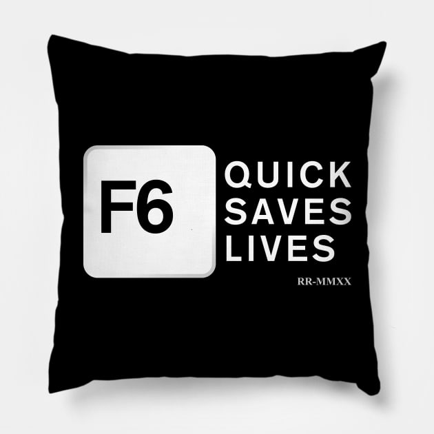 Official ROCKY ROCKHEAD Merch - F6 Quicksaves Lives (White) Pillow by Rockhead