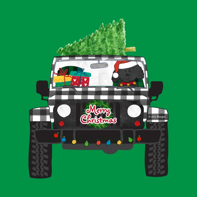 Cartoon Labradoodle Black Buffalo Plaid Merry Christmas Jeep by EMR_Designs