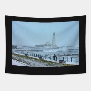 whitley bay lighthouse winter postcard Tapestry