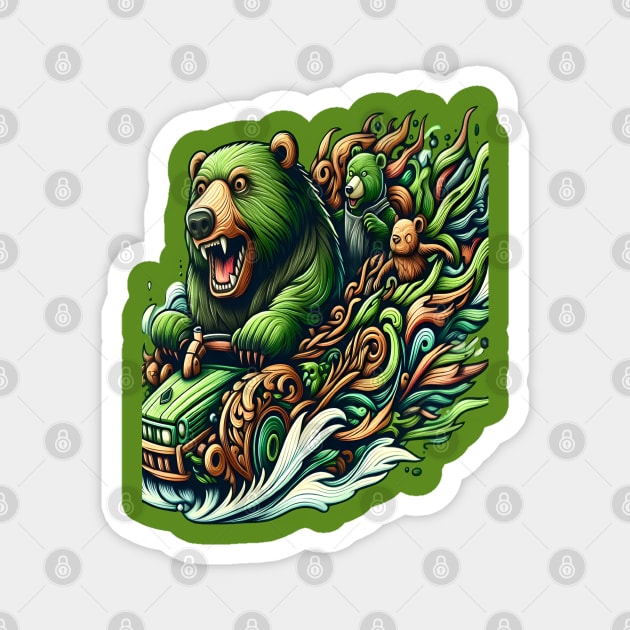 Animated Bears Riding a Green Car in a Vibrant Fantasy Illustration Magnet by coollooks