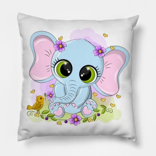 Cheerful baby elephant in a meadow with flowers Pillow