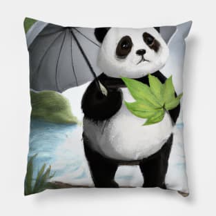 Panda with Leaf Umbrella Pillow