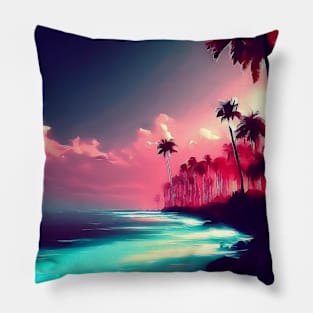 Vaporwave Palm beach with the ocean and sunset landscape Pillow