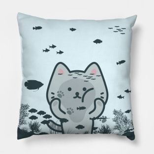 Cute cat in front of fishbowl Pillow