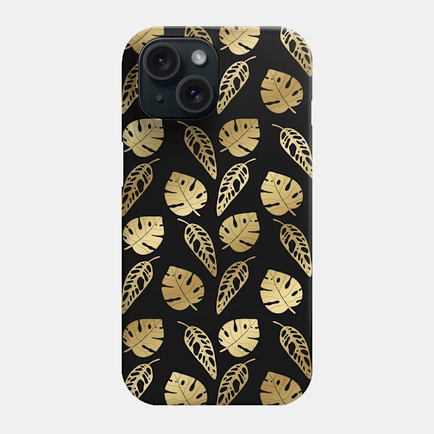 Black and Gold Monstera Leaves Botanical Pattern Phone Case by Trippycollage