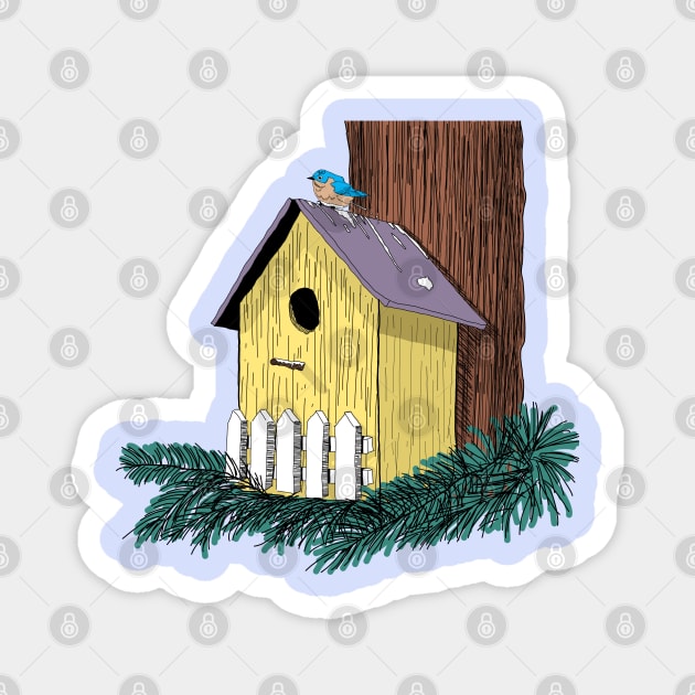 Funny Bluebird on Birdhouse Magnet by H. R. Sinclair