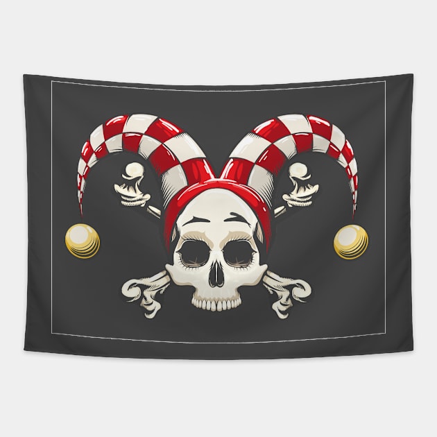 Human Skull in Clown Cap Tapestry by devaleta