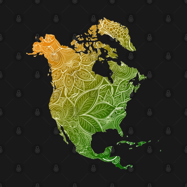 Colorful mandala art map of North America with text in green and orange by Happy Citizen