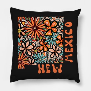 New Mexico State Design | Artist Designed Illustration Featuring New Mexico State Outline Filled With Retro Flowers with Retro Hand-Lettering Pillow